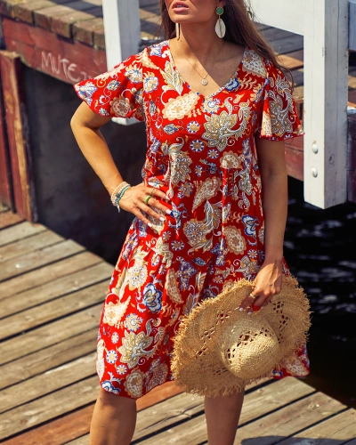 Royalfashion Robe rouge pour femme avec motif floral coloré