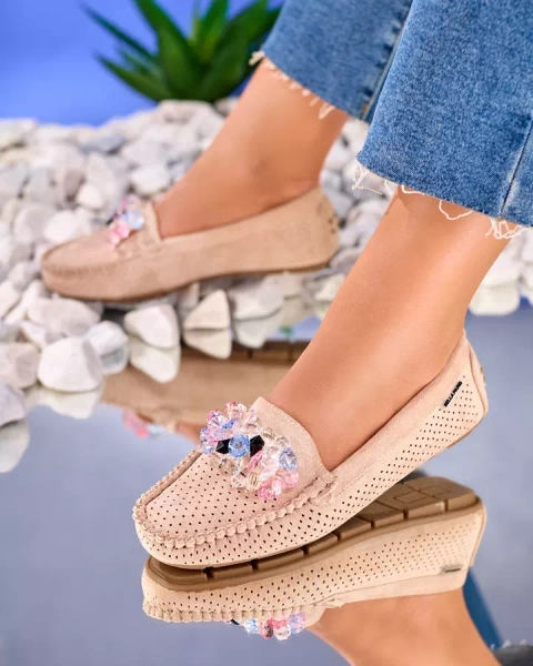 Royalfashion Mocassins ajourés pour femme marron clair avec cristaux décoratifs Cizzas