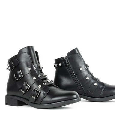 Czarne workery z cyrkoniami i perełkami Leonora - Obuwie