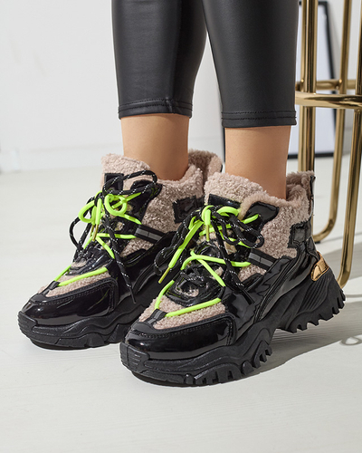 Chaussures de sport noires pour femmes avec fourrure et lacets jaune fluo Adbo- Footwear