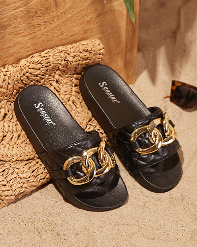 Chaussons femme matelassés noirs avec chaîne dorée Eteris - Footwear