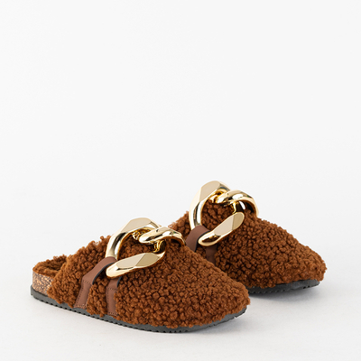 Chaussons pour femmes marron avec manteau en peau de mouton et chaîne Juka - Chaussures