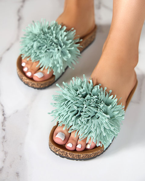 OUTLET Pantoufles pour femmes avec un ornement en tissu vert Ailli- Footwear