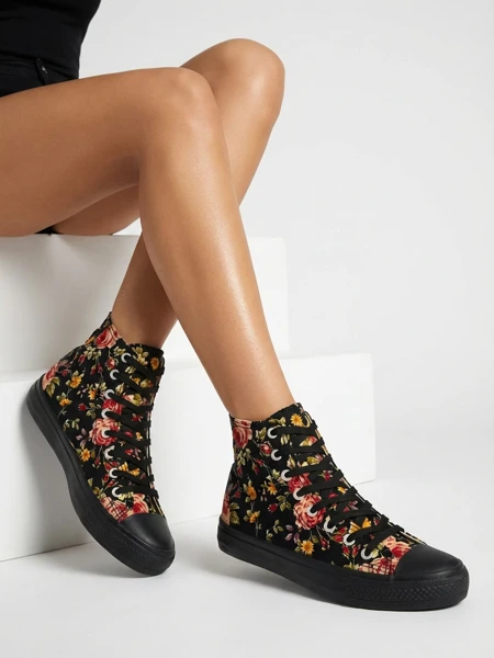 Royalfashion Baskets hautes noires à imprimé floral pour femme Fahenna