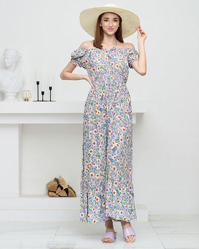 Robe longue d'été verte pour femme avec fleurs violettes - Vêtements