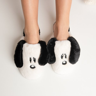 Chaussons femme blanc et noir avec un chien Bruki - Chaussures