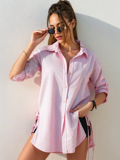 Chemise rayée en coton pour femmes, longue, avec ceinture à la taille