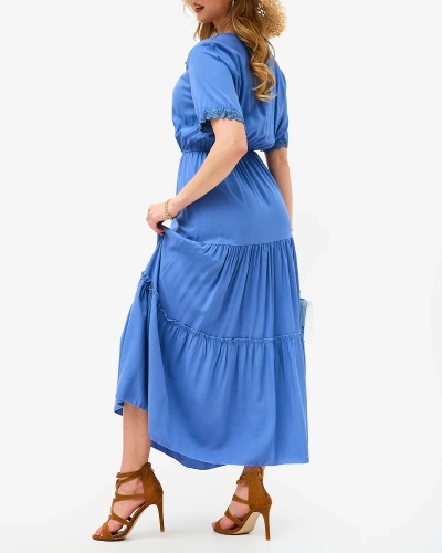 Robe longue bleue à manches courtes pour femme - Vêtements
