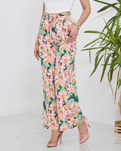 Pantalon palazzo vert à fleurs roses pour femme - Vêtements