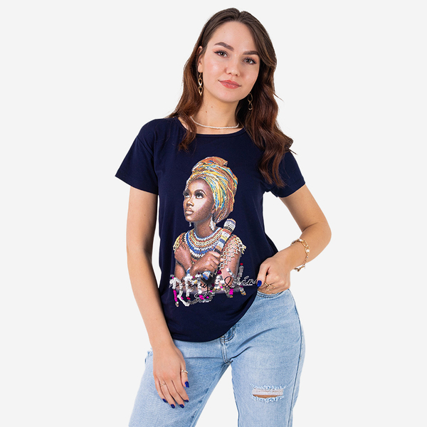 T-shirt femme bleu marine imprimé coloré et sequins - Vêtements