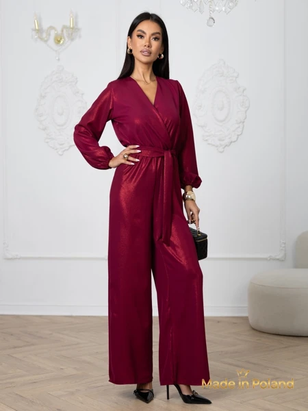 Combi-pantalon pour femmes 'Valentina' bordeaux avec manches longues et jambes larges