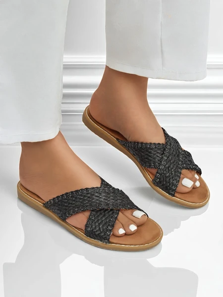 Sandales plates pour femmes Calista Nero, tresse noire, cuir écologique