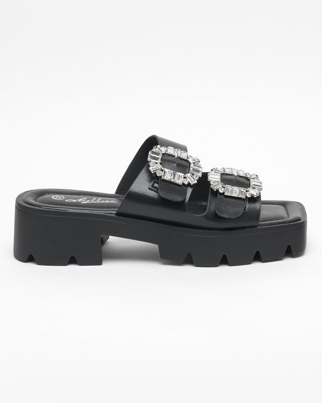OUTLET Chaussons noirs pour femme avec ornements en zircon Sadoh- Footwear