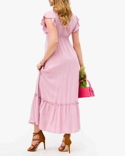 Robe longue rose pour femme avec dentelle - Vêtements