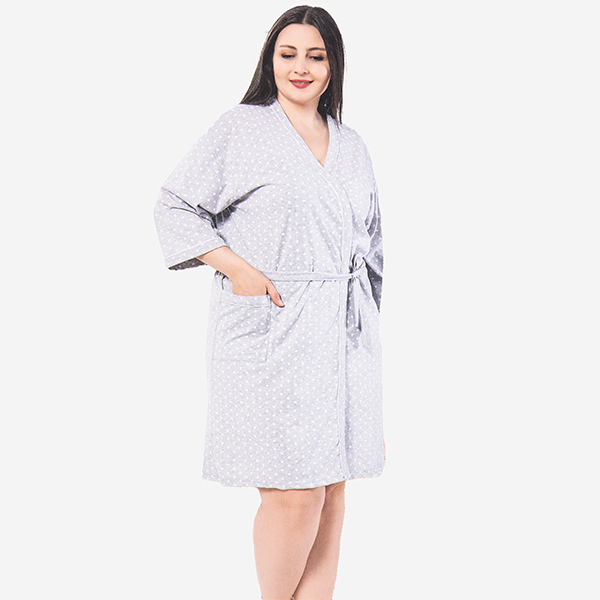 Peignoir pour femme en coton gris clair à pois GRANDE TAILLE - Vêtements
