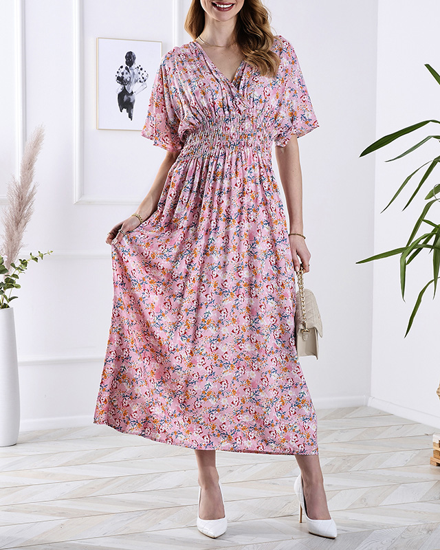 Robe midi rose pour femme avec motif floral- Vêtements