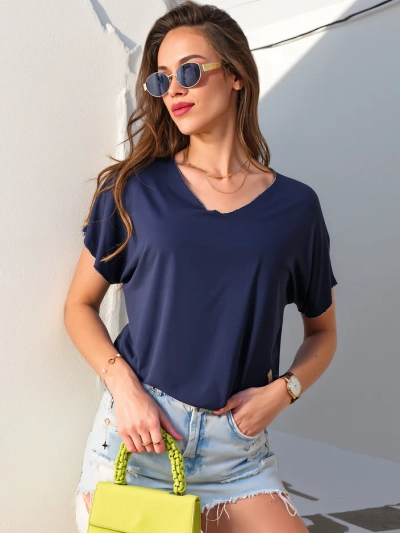 Blouse en viscose pour femmes Royalfashion à manches courtes et finition pailletée