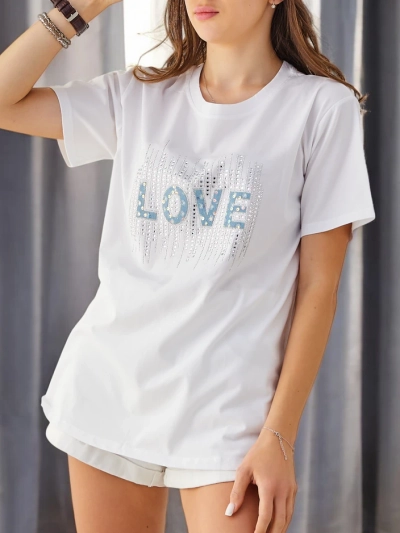 Royalfashion T-shirt en coton pour femmes LOVE avec des strass