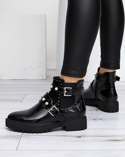 Boots femme laquées noires avec perles Visos - Footwear