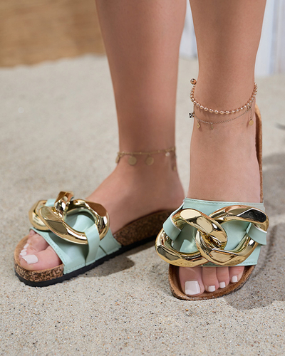 Sandales pour femmes Thalia Royalfashion vertes avec chaîne sur semelle plate