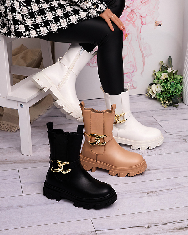 Bottes hautes pour femmes avec une chaîne dorée de couleur camel Setika - Footwear