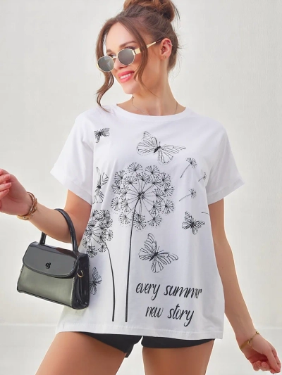 T-shirt en coton Royalfashion pour femmes avec des pissenlits et un papillon