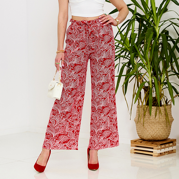 Pantalon en tissu rouge pour femmes avec imprimé- Vêtements