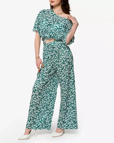 Ensemble plissé vert à fleurs noires pour femme - Vêtements