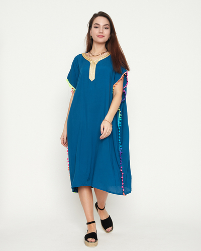 Tunique de plage été femme turquoise à pompons - Vêtement