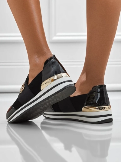 Slip-on pour femmes Elektra Nero avec accent doré, cuir écologique, 3,5 cm