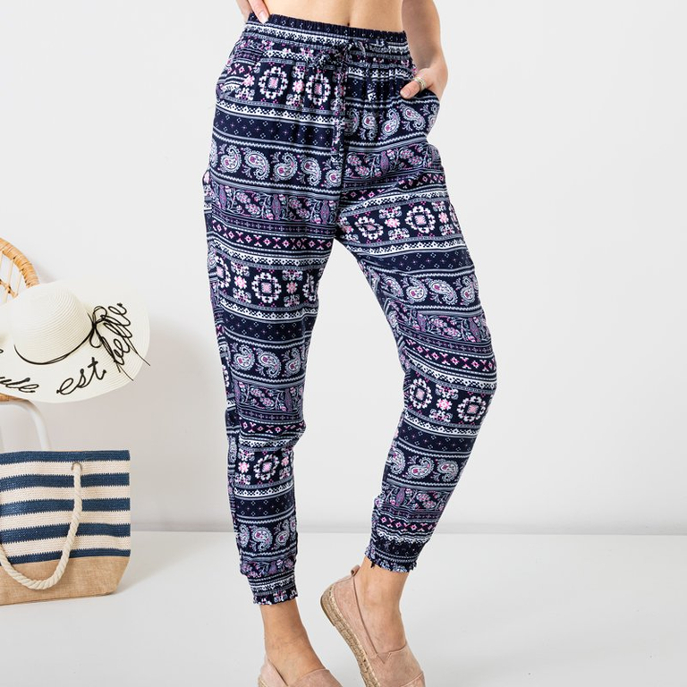 Pantalon femme en tissu bleu marine à motifs GRANDES TAILLES - Vêtements
