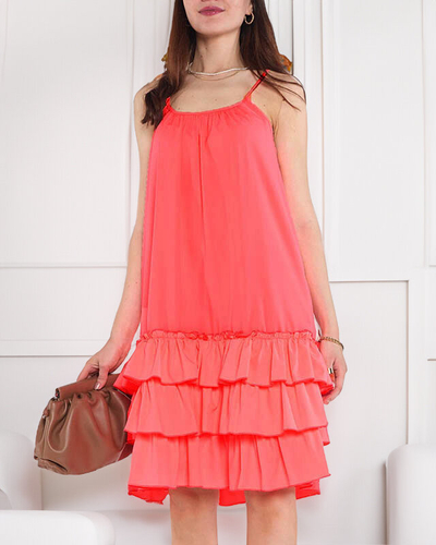 Robe femme rose fluo à bretelles avec volants - Vêtements