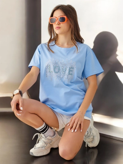 T-shirt en coton Royalfashion pour femmes LOVE avec strass