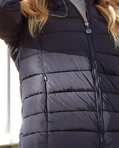 Veste matelassée pour femme bleu marine avec capuche et fourrure- Vêtements