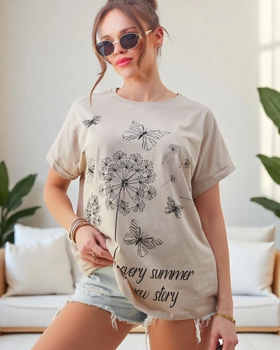 T-shirt en coton pour femmes Royalfashion avec des pissenlits et un papillon