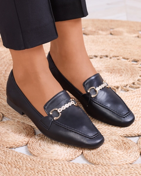 Mocassins noirs pour femmes avec ornements dorés Suletta- Footwear
