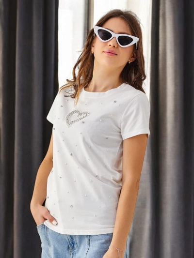 T-shirt en coton pour femmes Royalfashion avec cœur en perles
