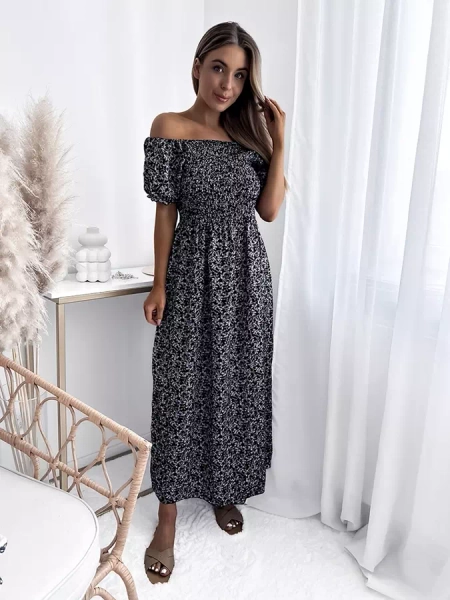 Robe midi à fleurs pour femme noire - Vêtements