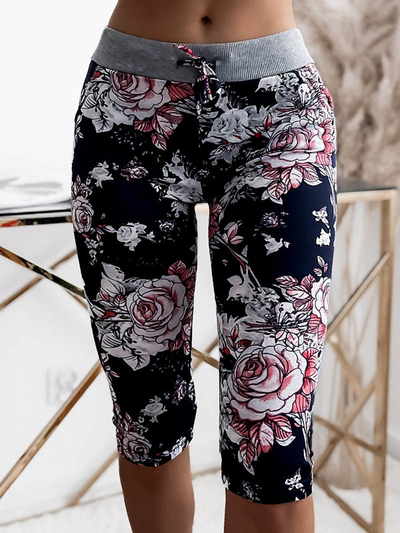 Short femme 3/4 fleuri bleu marine et corail GRANDE TAILLE - Vêtements