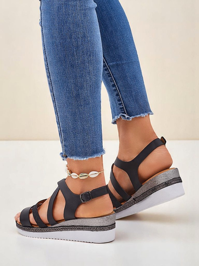 Aurelia Nero – Sandales compensées noires pour femmes Royalfashion en cuir écologique