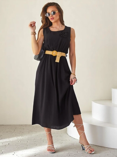 Robe midi pour femmes Royalfashion avec bretelles, présentant un décolleté rond avec une fleur décorative