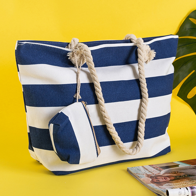 Sac de plage rayé bleu marine avec un sachet - Sacs à main