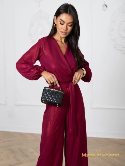 Combi-pantalon pour femmes 'Valentina' bordeaux avec manches longues et jambes larges