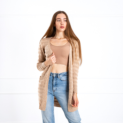 Cardigan femme beige noué avec poches - Vêtements