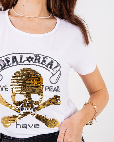 T-shirt femme blanc à sequins avec inscriptions - Vêtements