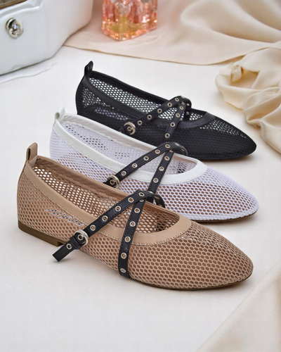 Ballerines Royalfashion Calista Bianca – chaussures pour femmes blanches en maille avec des brides noires