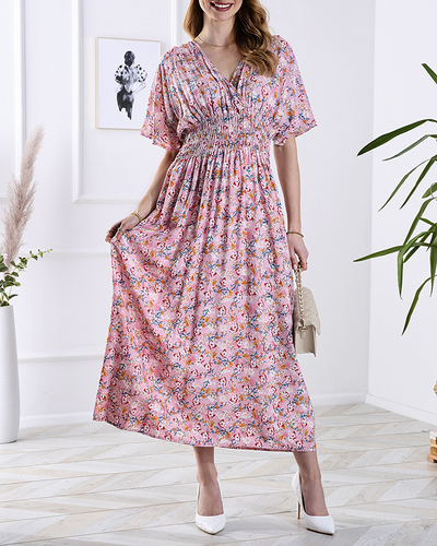 Robe midi rose pour femme avec motif floral- Vêtements