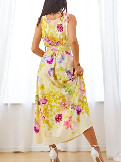 Robe midi en viscose pour femmes Royalfashion avec bretelles, dotée d'une ceinture dans divers imprimés floraux