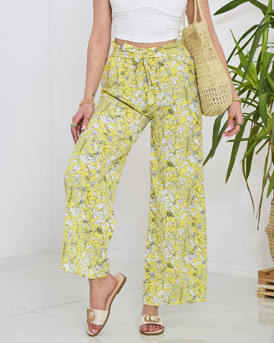Pantalon palazzo jaune à fleurs blanches pour femme - Vêtements