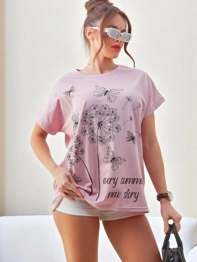 T-shirt en coton Royalfashion pour femmes avec des pissenlits et un papillon
